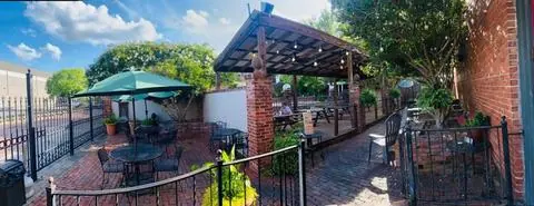 The brick courtyard with string lights